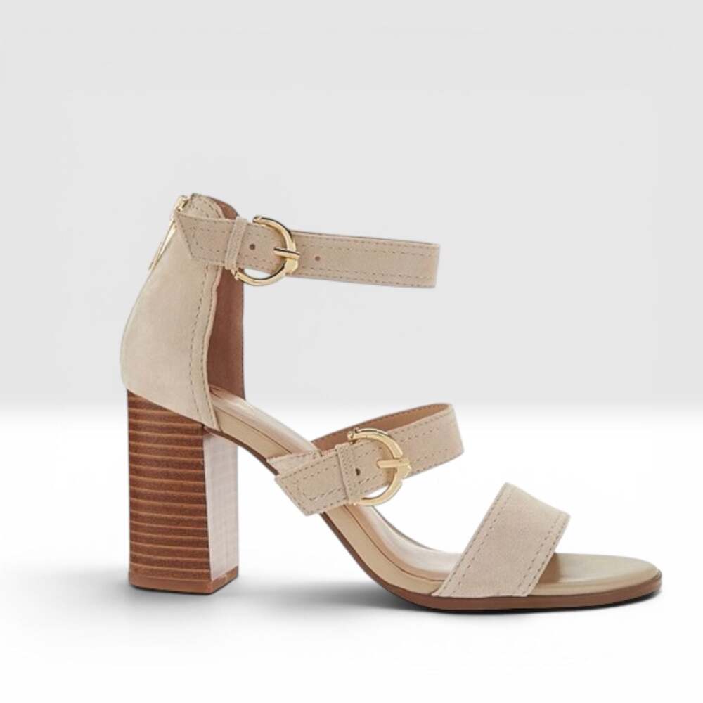 NIB C. Wonder Maya Khaki Suede Block Heel Buckle Sandals Size 9.5M